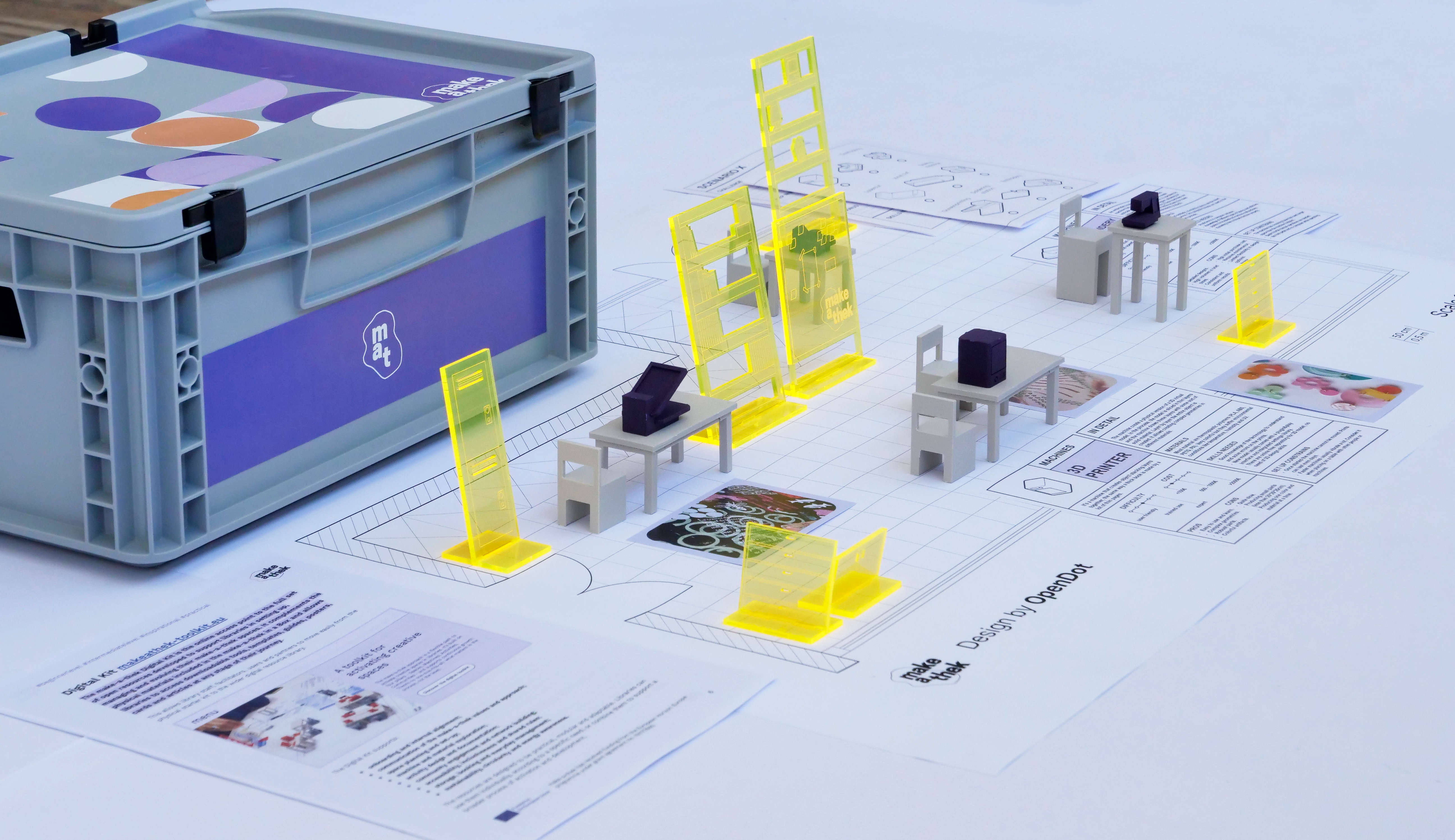 A scale model of a makerspace with modular elements, used to plan the layout of furniture, machines, and workspaces within a collaborative space.